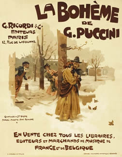 Rodolphe and Mimi embrace in park, Marcel and Musette observe behind trees, city scene, birds; brown, blue