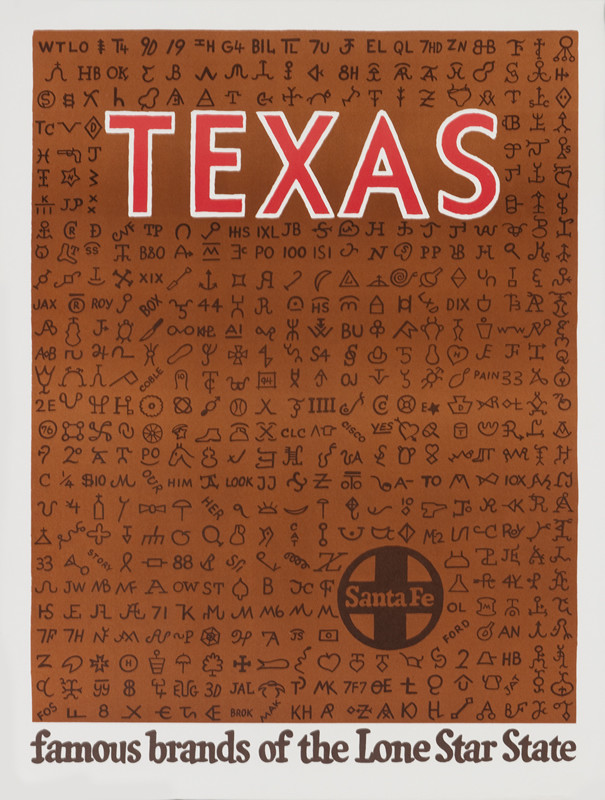 Rows of cattle brands of Texas ranches; brown, red, white