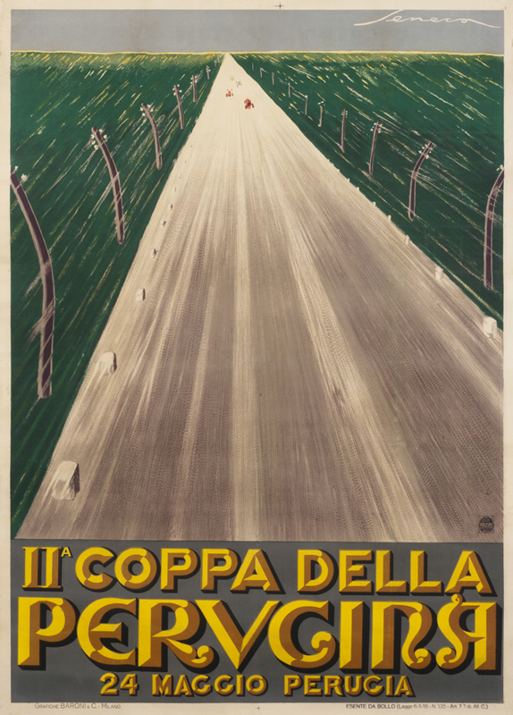 Race cars speed into the distance down a racetrack; green, gold, red