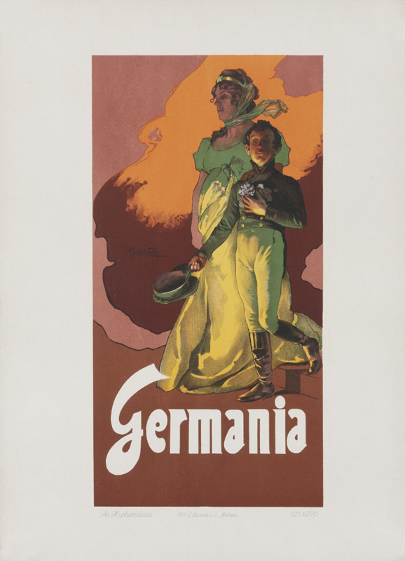 Mother Germania protects a military officer; orange, brown