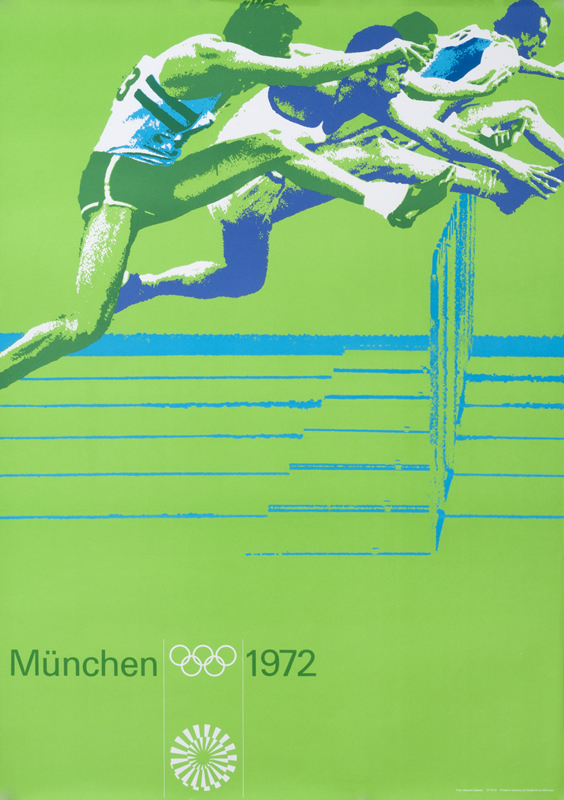 Racing male athletes leap over hurdles; green, blue
