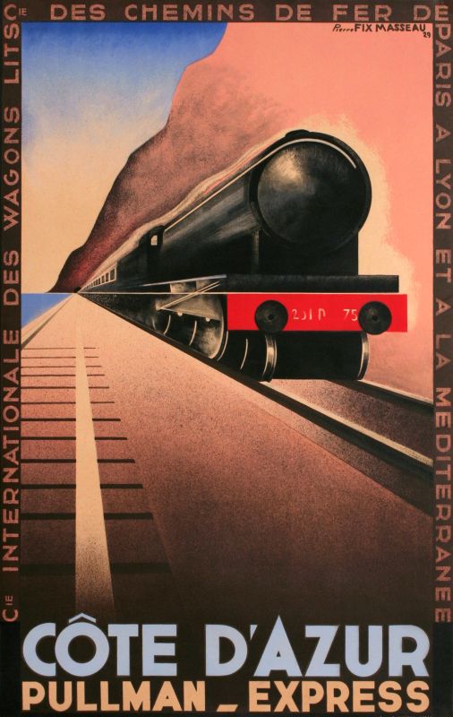 Streamlined train rushes down coastline; red, black, brown