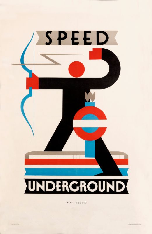 Schematic man draws bow strung with lightning bolt, train; red, black, blue, white