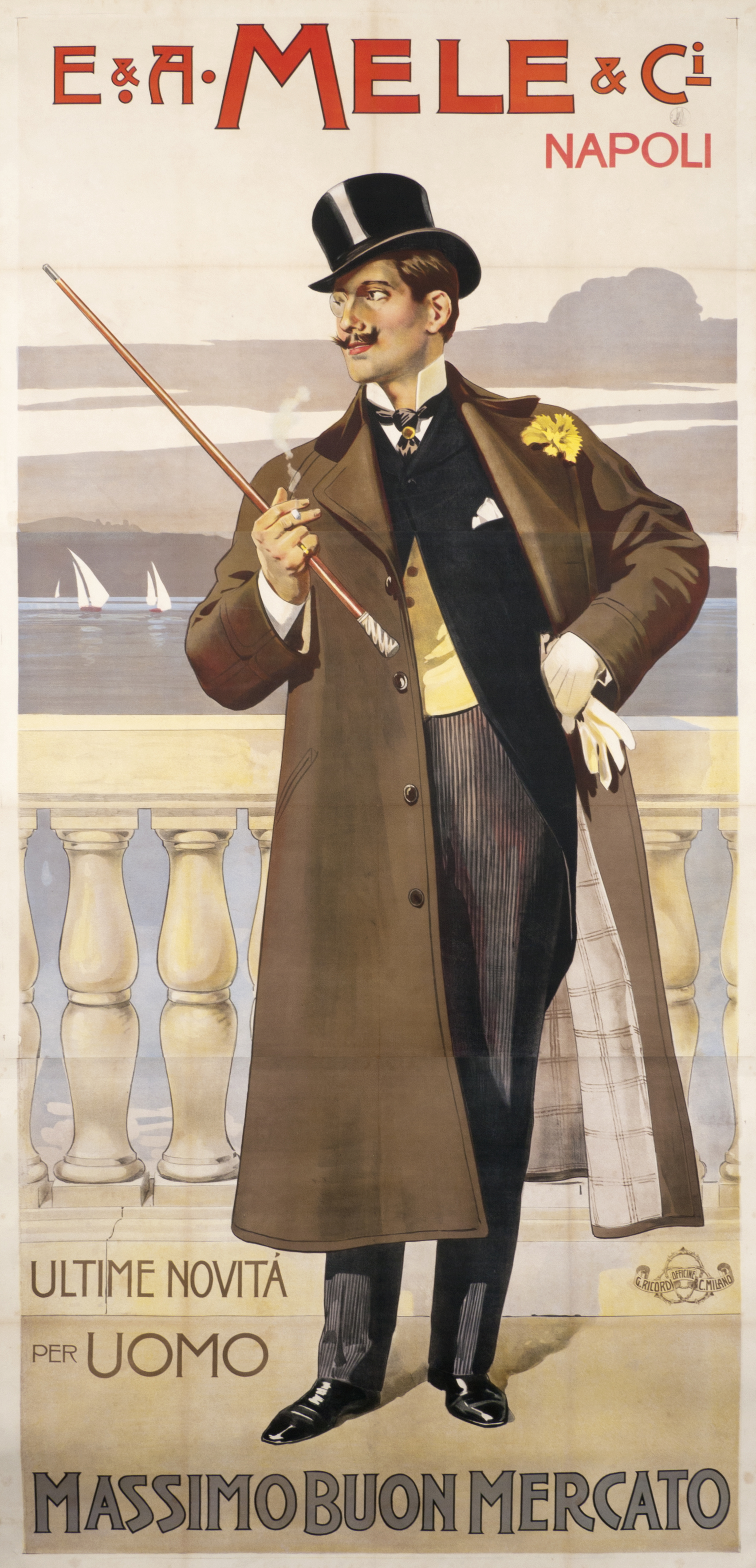 Gentleman with top hat & cane overlooking bay; brown, black, gray on white
