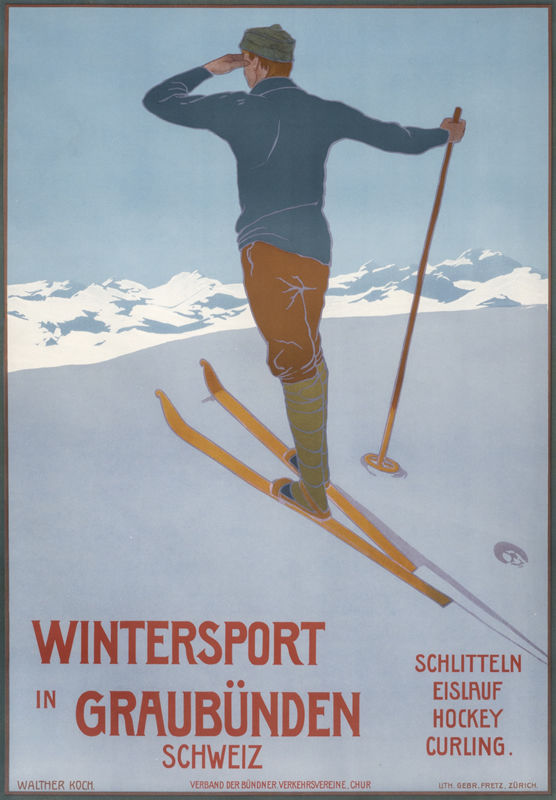 Skier at top of ridge looking over mountain; blue, yellow, green