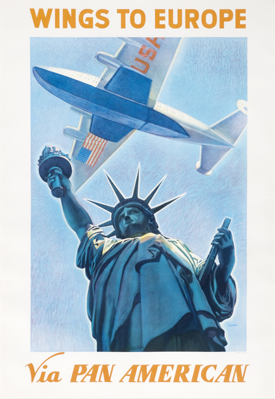 Boeing airplane flies over Statue of Liberty; blue, red, green