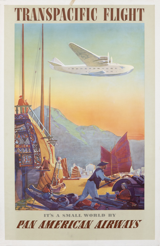 People loading ship and boat below with plane; orange, green, purple