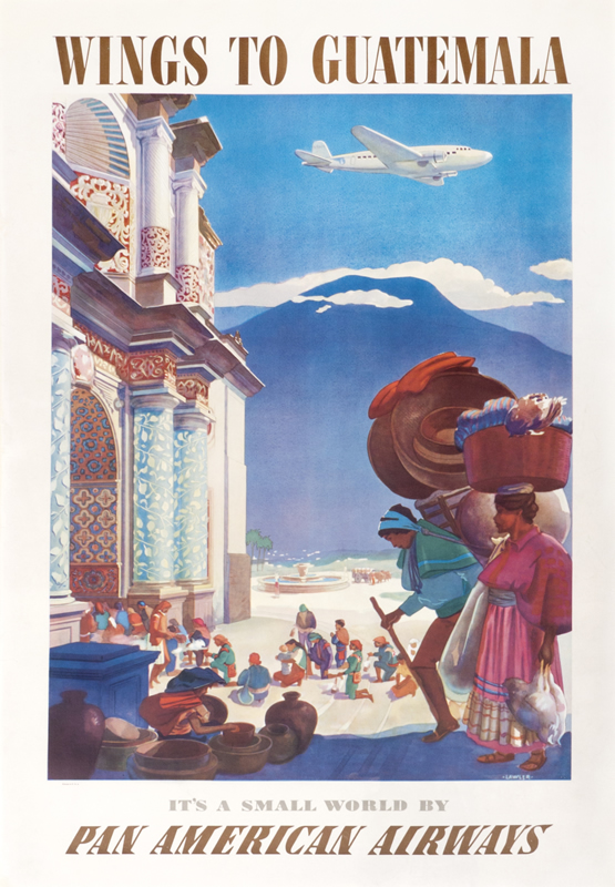 Locals in front of Cathedral of Guatemala City below airplane; blue, red, yellow, white