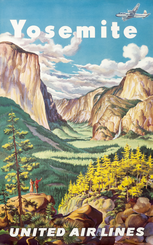 Couple in Yosemite takes in the canyon vista; green, brown, blue