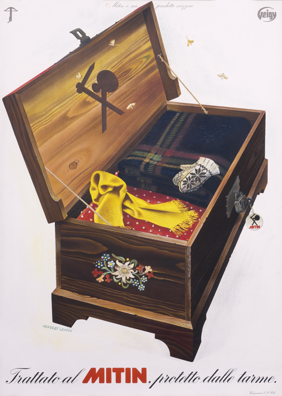 Wooden chest with stored winter clothes; brown, red, black, yellow, blue, white