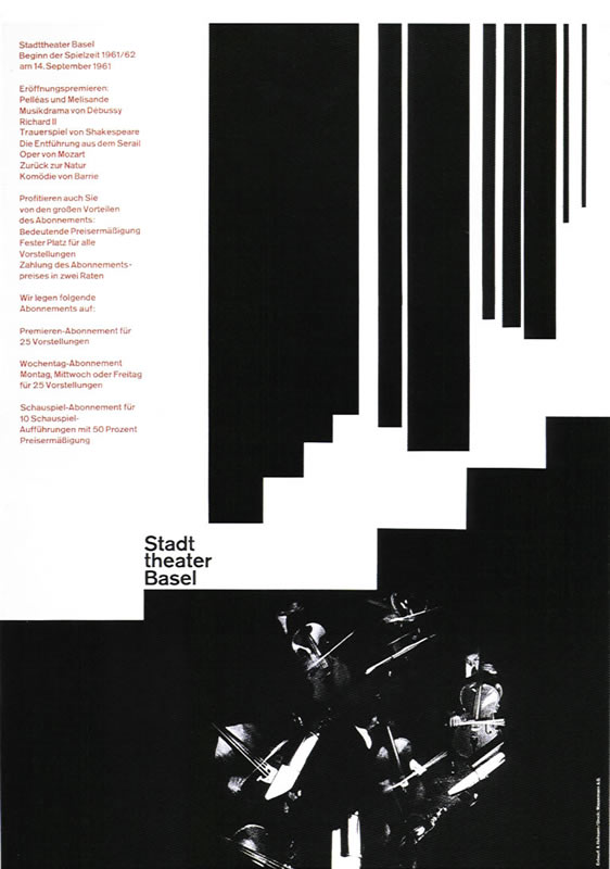 Orchestra of cello and bass plays below vertical lines; black, white
