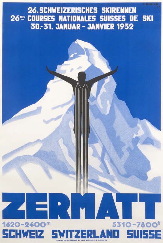 Ski jumper in front of Zermatt; blue, white