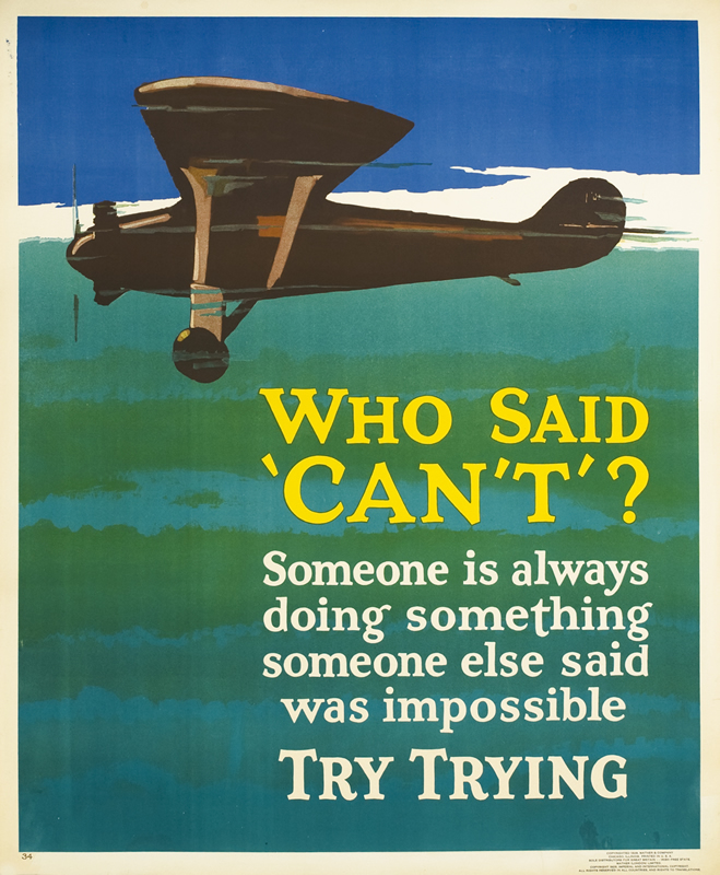 Propeller plane speeds across the sky; blue, green, white, yellow