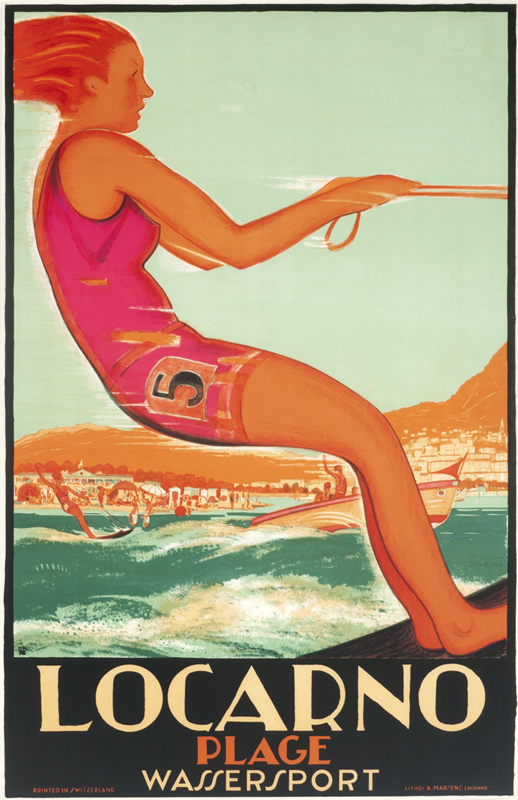 Water skier against mountainous background; orange, pink, teal