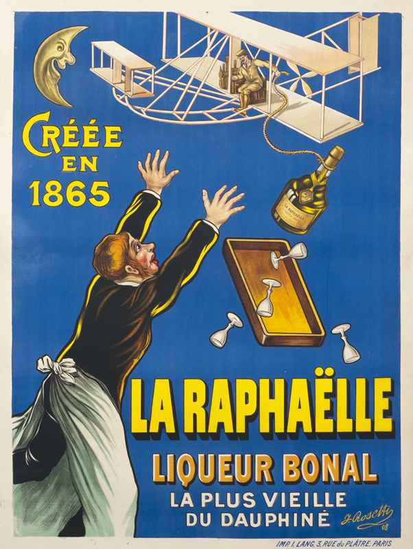 Waiter chases Wright Brothers' airplane as it  steals liquor from his tray; blue, brown