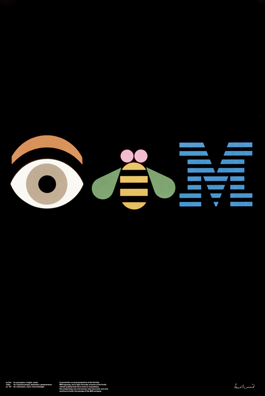 An eye, a bee, an "M"; black, blue, orange, green