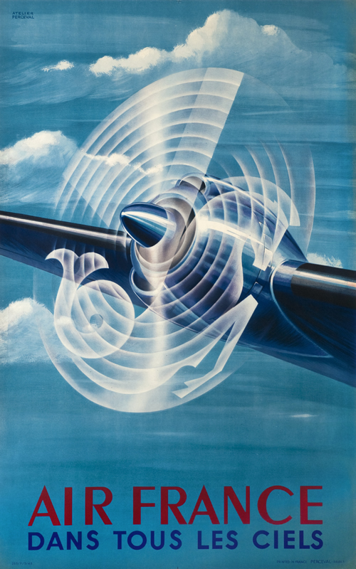 Airplane flies through sky, large propeller has Air France logo; blue, white, red