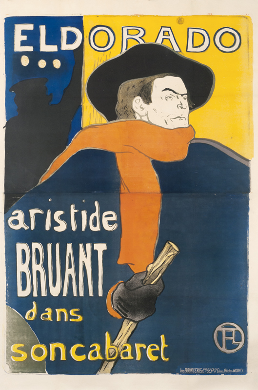 Aristide Bruant in front of theater with red scarf, cap & cane; red, blue, yellow, black