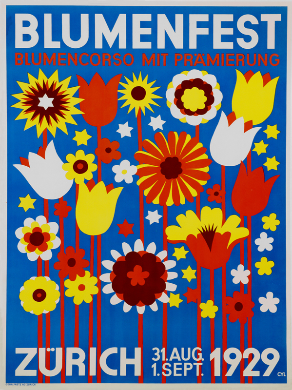 Stylized flowers in bloom; red, yellow, blue, white