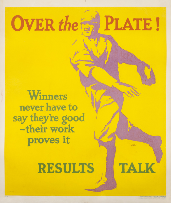 Baseball pitcher just releases ball around text; yellow, purple