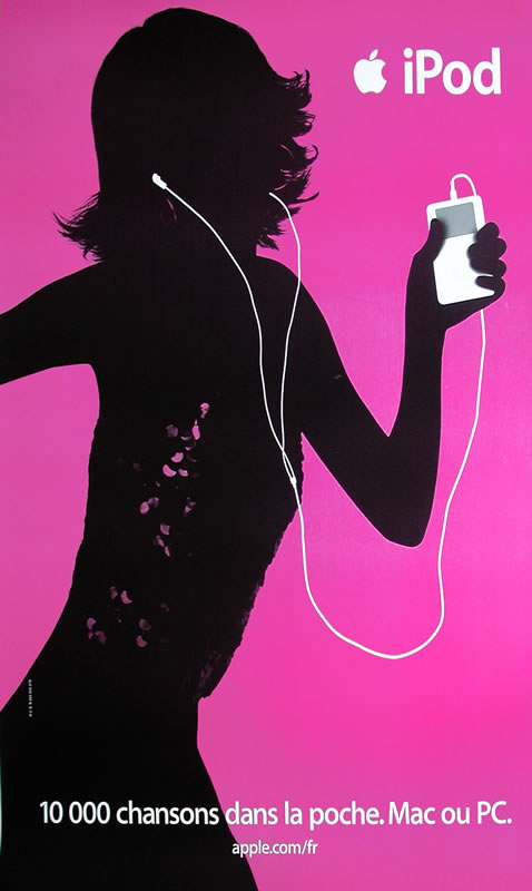 Shadowed figure of a woman dances with iPod; pink, white, black