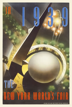 Bird's eye view of Trylon and Perisphere with fireworks in the background; red, white, blue