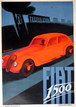 Fiat races down the Appian Way; black, orange, blue