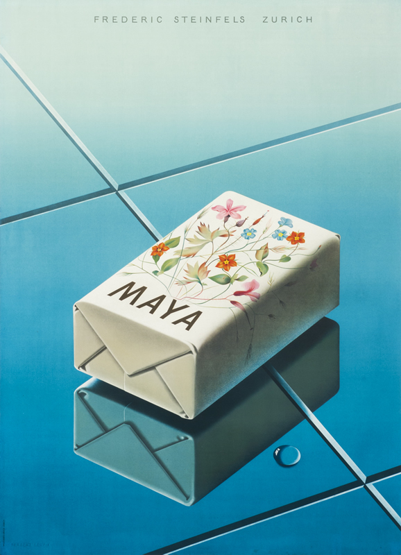 Soap and water droplet on reflective tile; blue, green, white, red