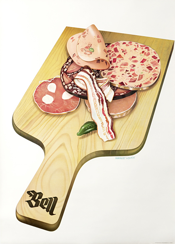 Bell carving board with charcuterie meats; pink, beige