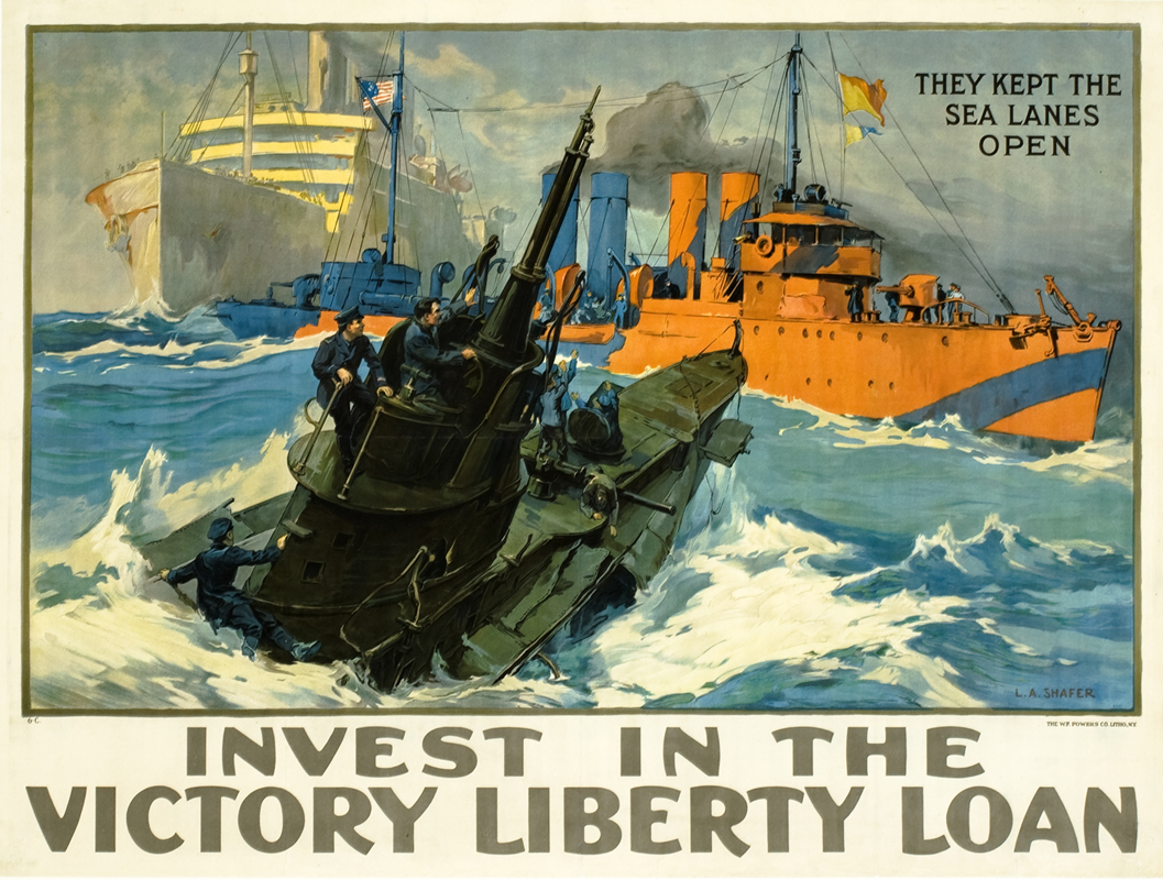 German submarine surrenders to American Destroyer; orange, blue, black