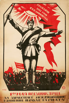 Soldier waves crowd in front of crowd of workers; red, black