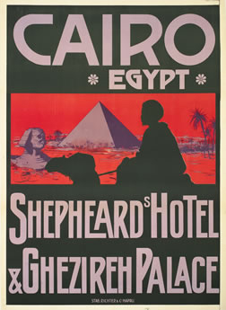 Man on camel sits in profile against pyramid and Sphinx; red, green, pink