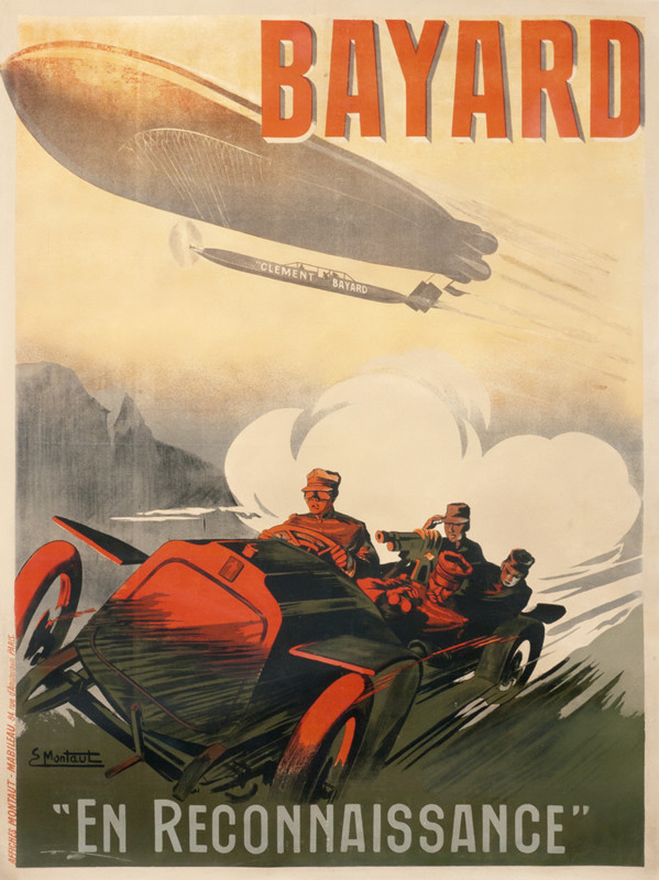 Men speeding by in armed car with zeppelin overhead; red, gray, yellow