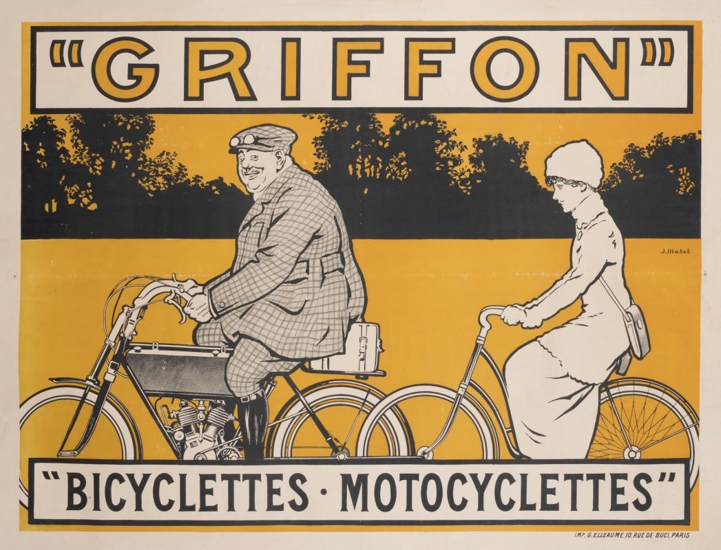 Man in checkered suits and woman on bikes; black, orange, white