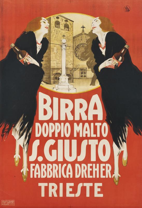 MIRROR IMAGES OF WOMAN W/ BOTTLE, CITY; ORANGE, BLACK, WHITE