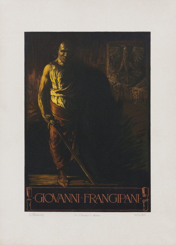 Fierce man in shadows holds sword; brown