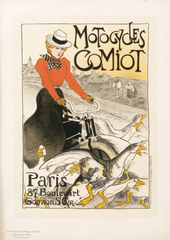 Woman on a bike riding through a gaggle of geese; red, black, tan