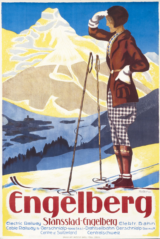 Woman on skis looking out at mountain; red, yellow, blue