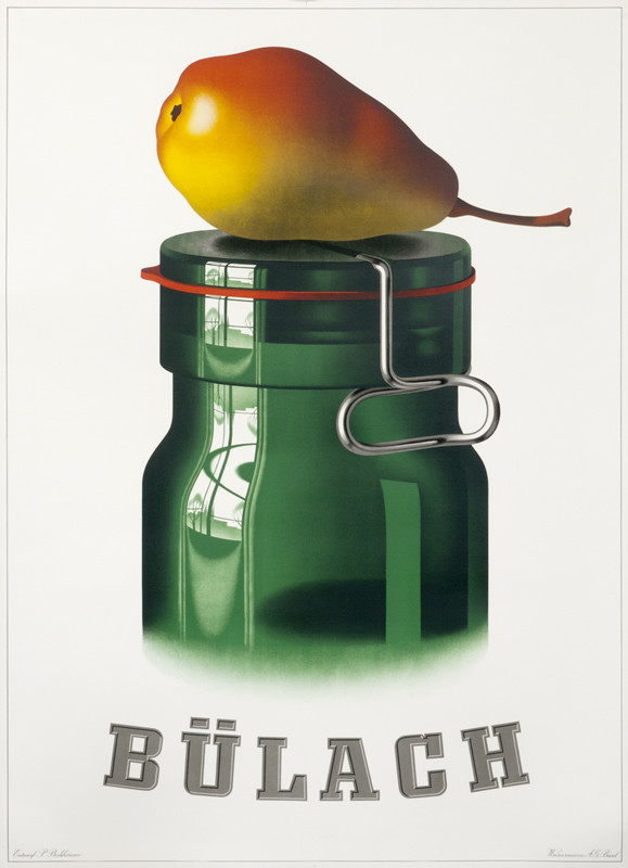 Fruit preserve jar with pear on top; green, yellow, orange, white