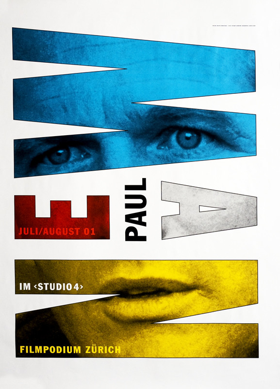 Portraits of Paul Newman and typography; red, blue, yellow