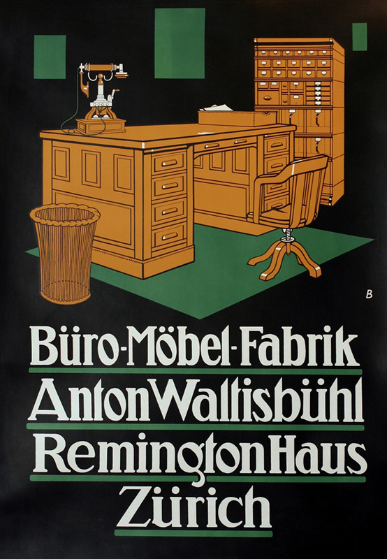 Office desk, chair and filing cabinet; brown, green, black