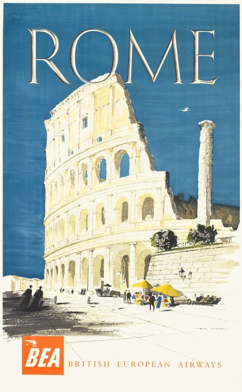 View of Colosseum, tourists, airplane in sky; blue, white, red, yellow