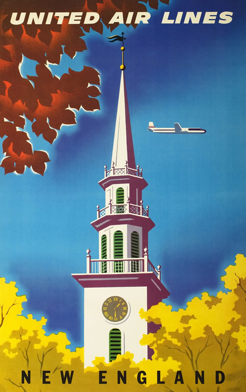 View of church steeple against autumn foliage, sky, airplane above; blue, brown, yellow, white