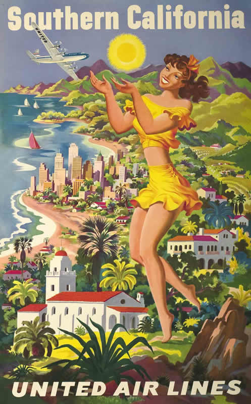 Pretty woman in two piece outfit holds up sun, rocky coastline, beach, airplane DC-7, cityscape, vegetation- brown, peach, yellow, green, blue