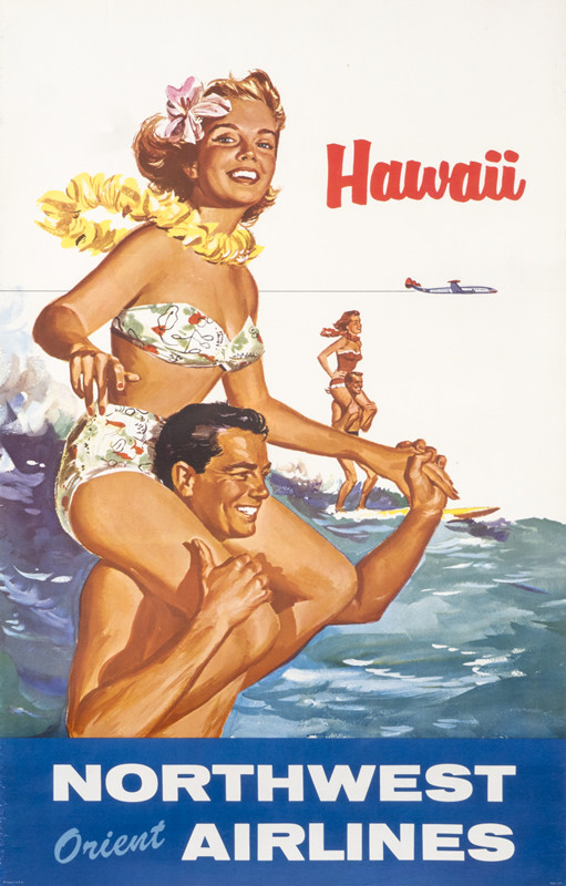 Woman with bikini and lei sitting on man's shoulders surfing in ocean with airplane overhead surfer; red, blue