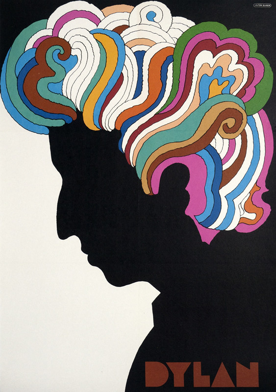 Bob Dylan with rainbow colored hair; black, red, green, blue