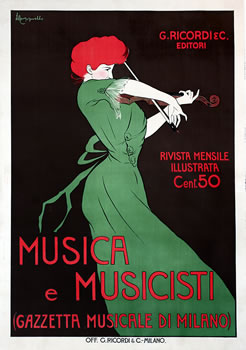 Woman plays violin; brown, green, red