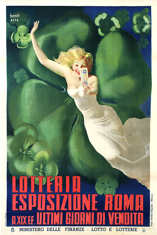 Young woman in front of giant 4 leaf clover shows ticket; red, green, blue, white
