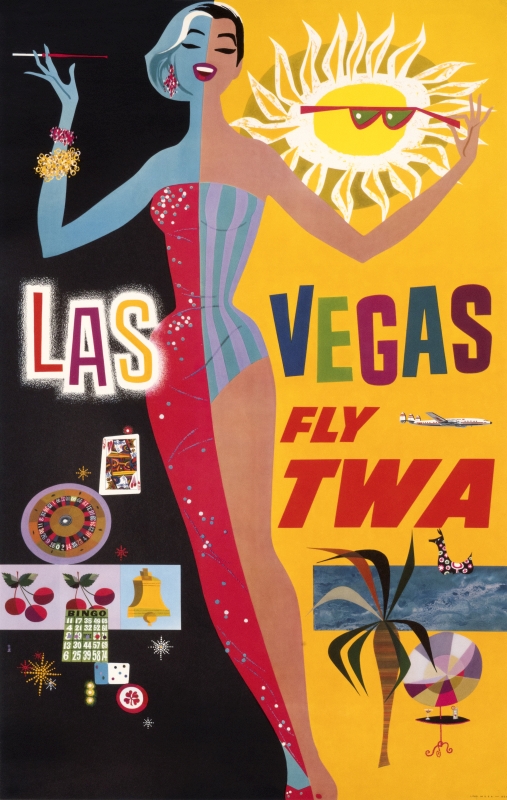 Glamorous woman half in evening dress, half in bathing suit; black, yellow, red, blue