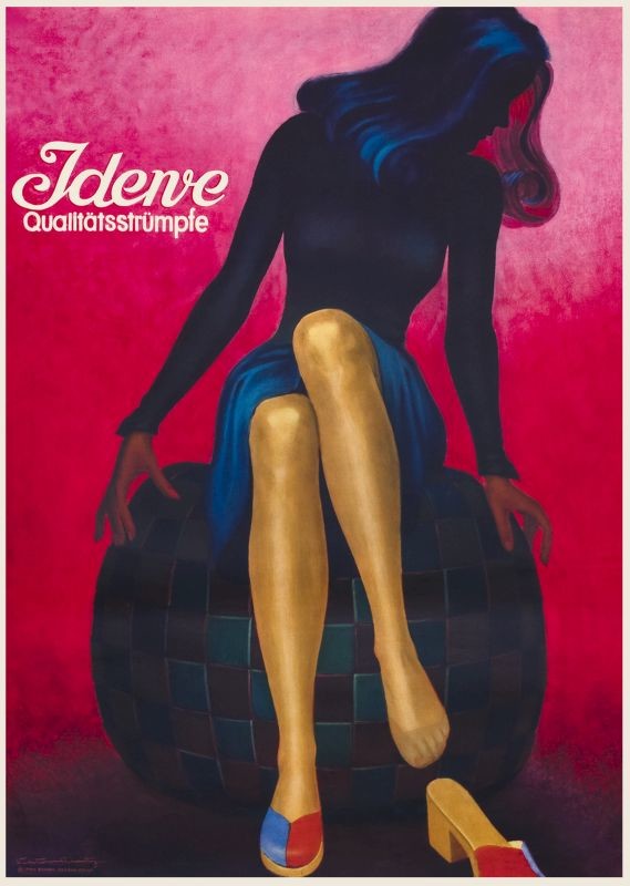 Seated woman shows off her stockings, slips foot into shoe; red, pink, blue, tan